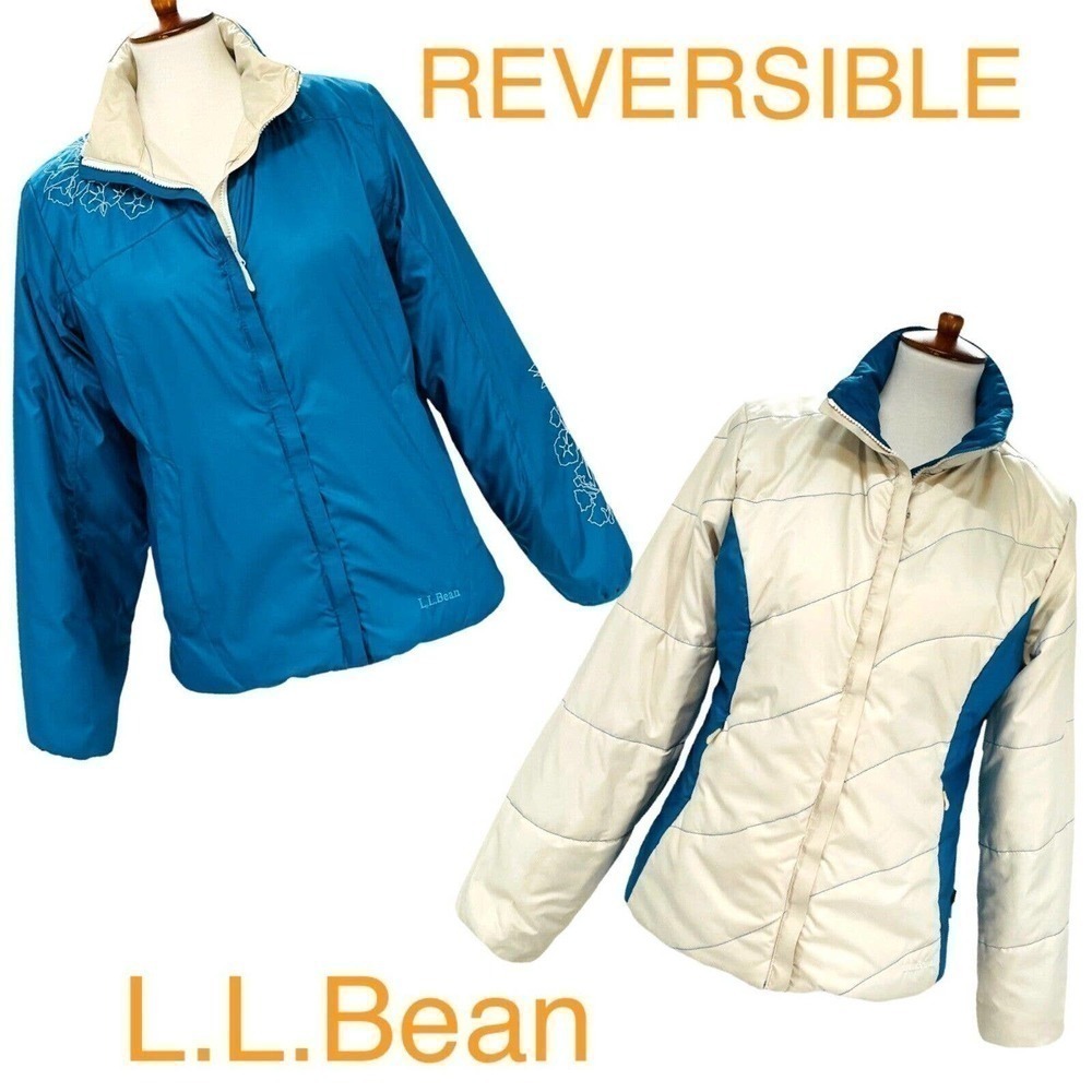 LL Bean Women's Blue White Floral Embroidered Reversible Puffer Jacket Size S